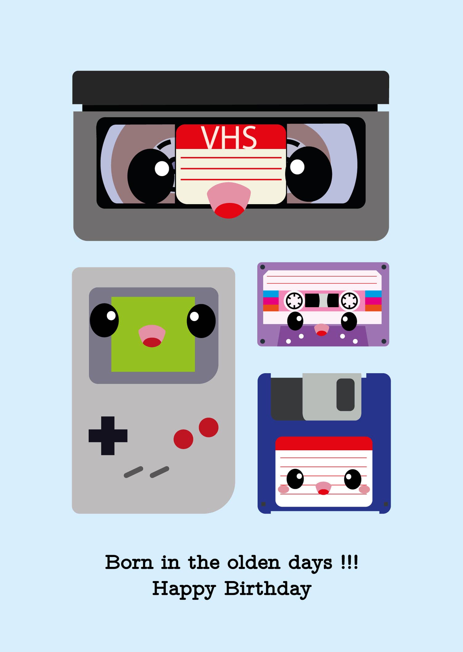 Carte d’anniversaire rétro VHS, disquette et cassette