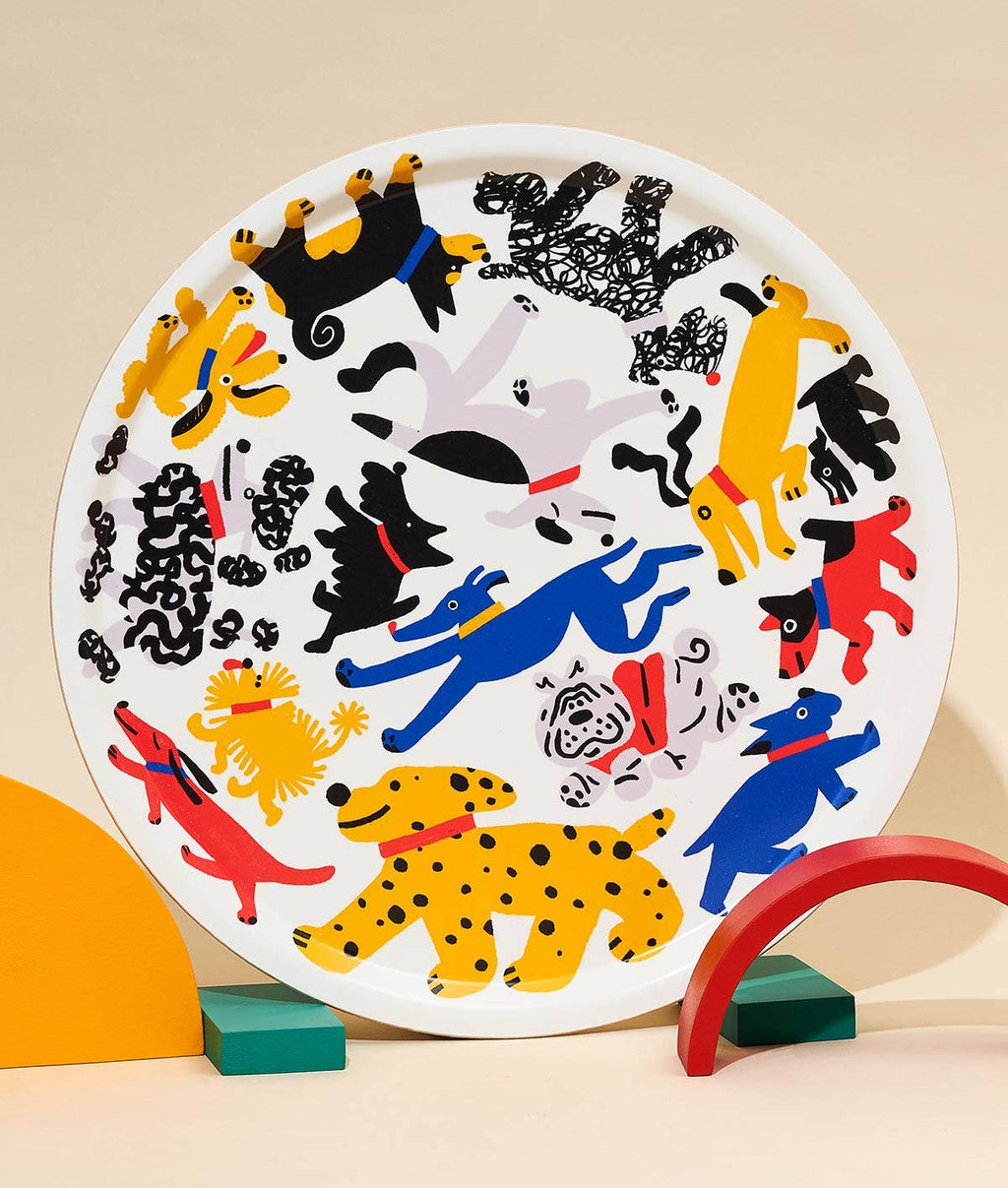 Plateau rond large 38 cm en bouleau avec chiens
