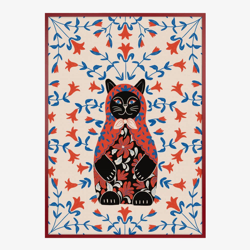 Affiche artistique — Portrait folklorique de chat en poupée russe — Décor folklorique naïf: Pas de cadre / 30 x 40 cm