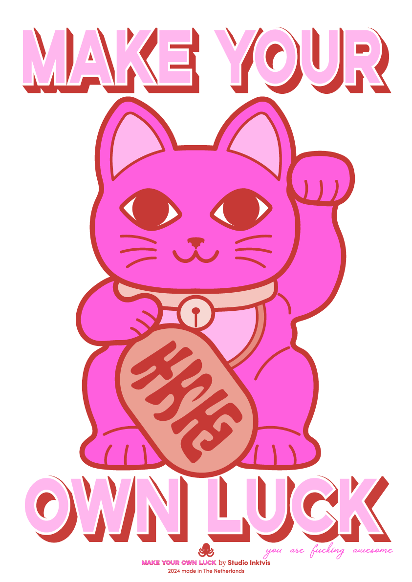 Affiche Riso Maneki Neko chat porte-bonheur rose néon - tirage art A3