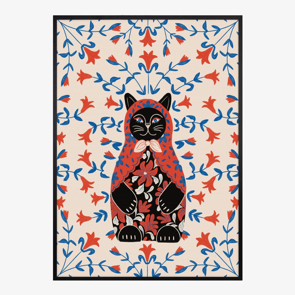 Affiche artistique — Portrait folklorique de chat en poupée russe — Décor folklorique naïf: Pas de cadre / 30 x 40 cm