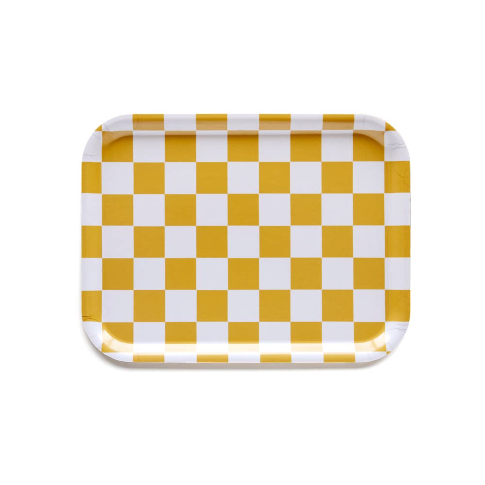 Plateau rectangulaire à motif damier jaune moutarde - 27 x 20 cm