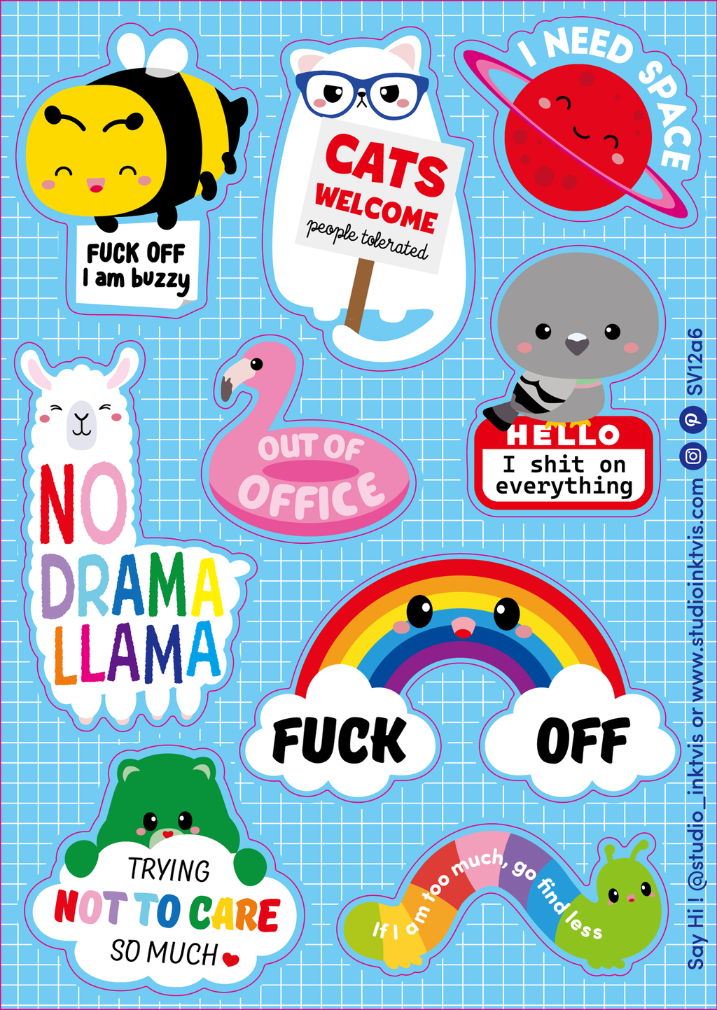 Planche d'autocollants de bienvenue du Chat-Llama mignon et impertinent « Pas de drame »