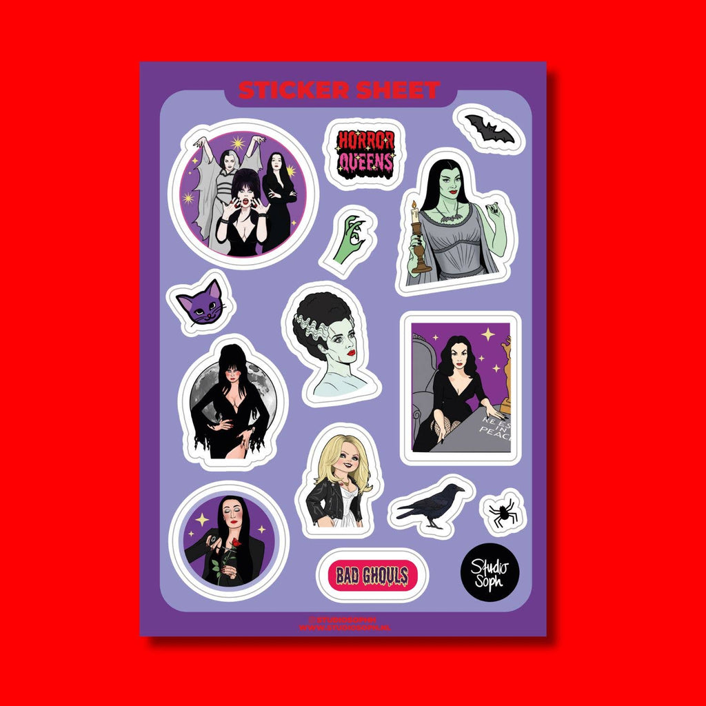 Feuille d'autocollants A5 « Horror Queens Halloween »: Emballé avec une pochette en plastique
