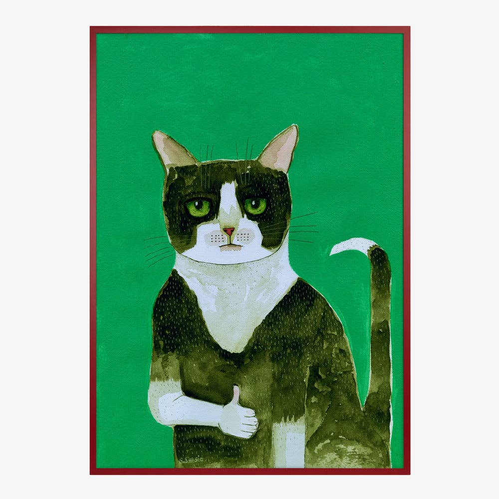 Affiche artistique — Chat en smoking, pouce levé : aquarelle fantaisiste: Pas de cadre / 30x40 cm