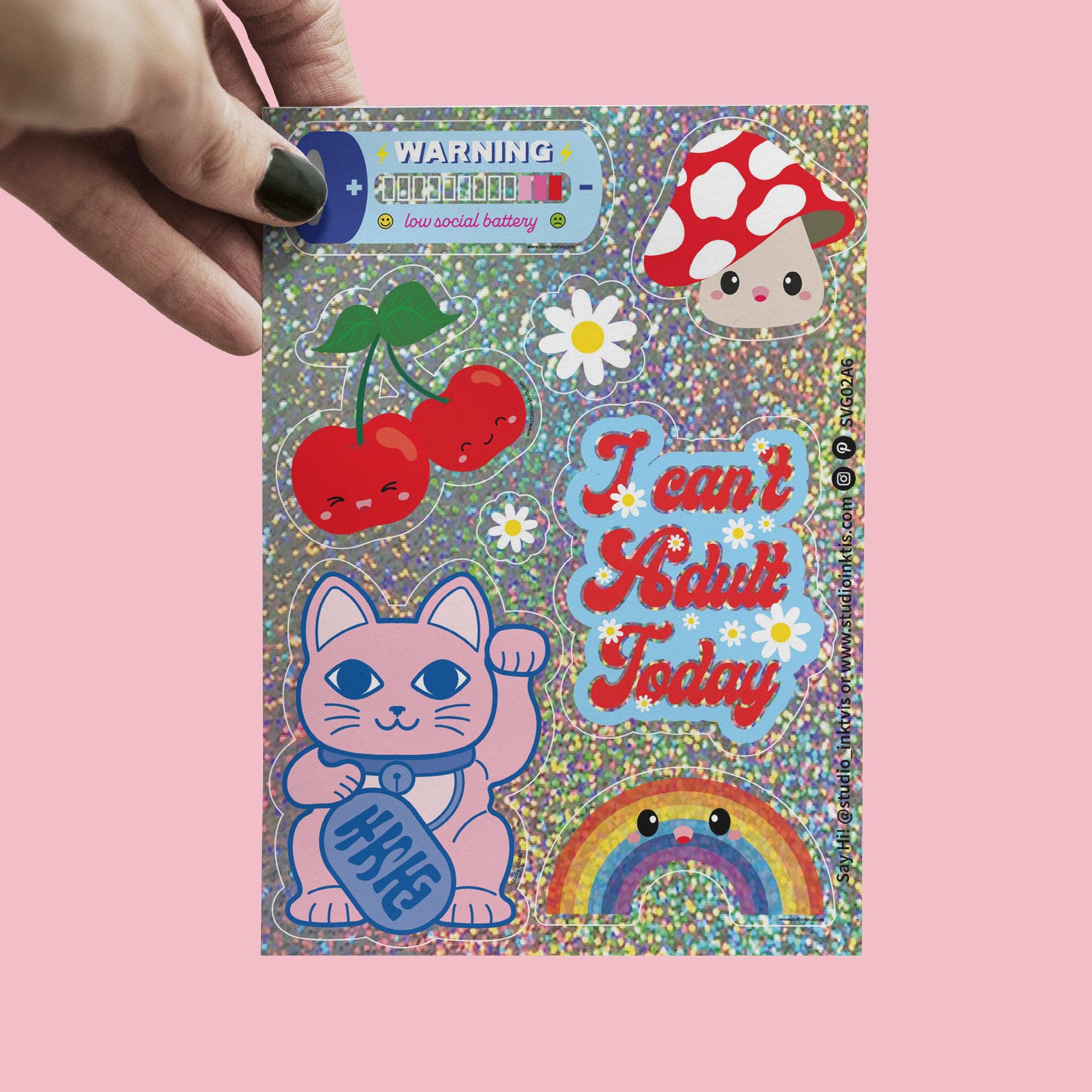 Feuille d'autocollants pailletés Maneki Neko, fleurs et plus