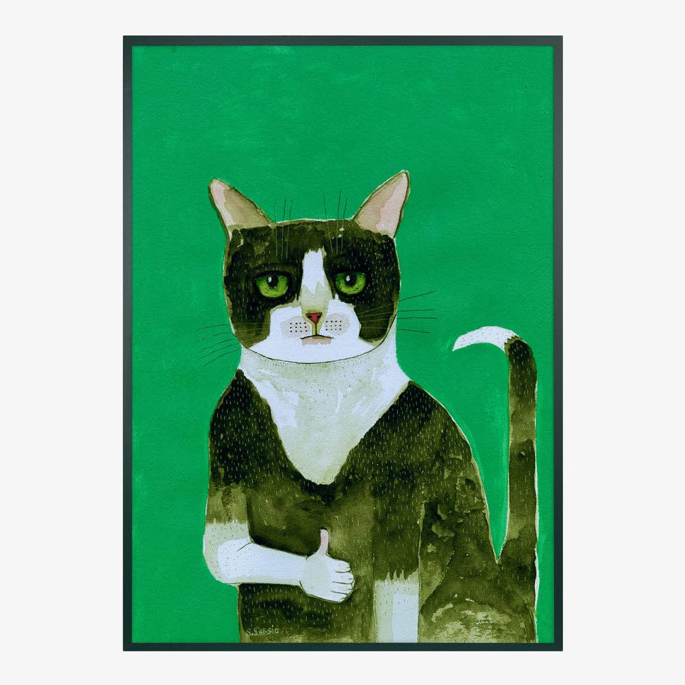 Affiche artistique — Chat en smoking, pouce levé : aquarelle fantaisiste: Pas de cadre / 30x40 cm