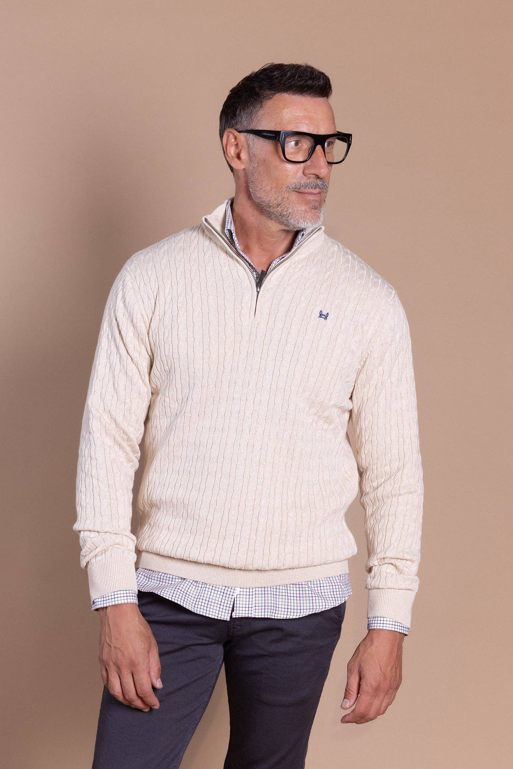 Pull à torsades, demi‑fermeture éclair, crème: 4XL