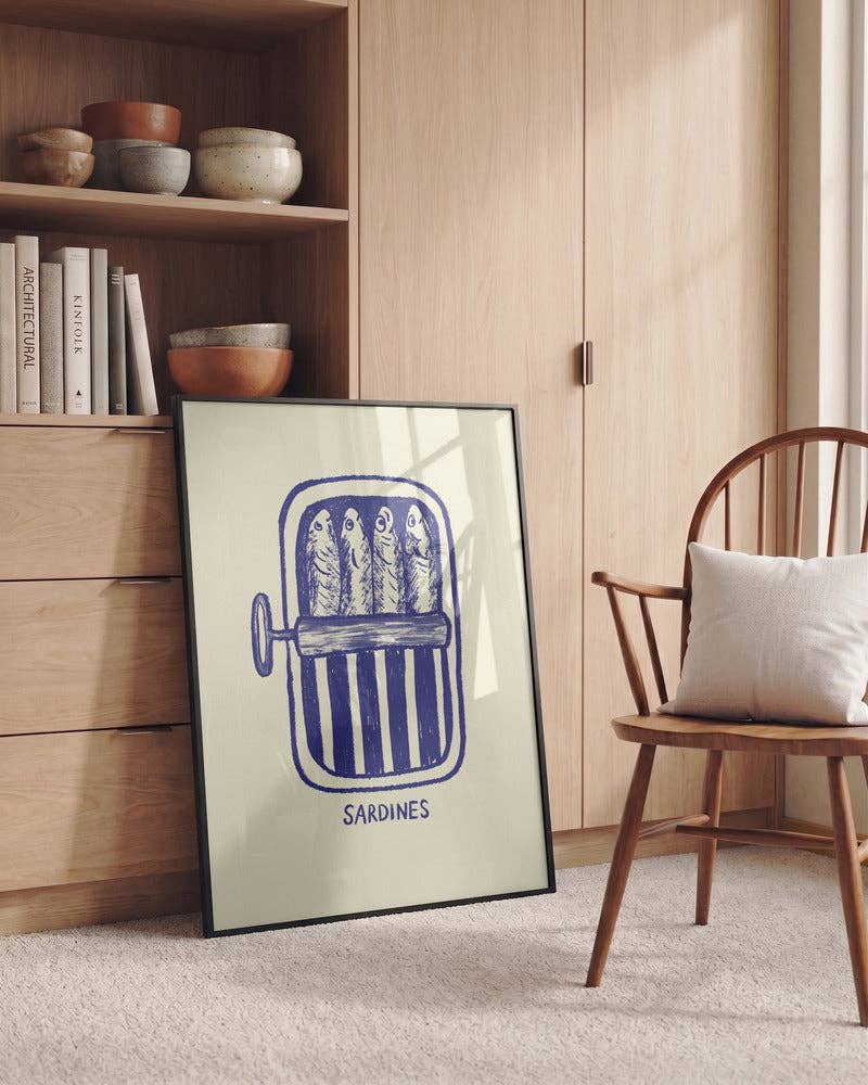 Affiche artistique « boîte de sardines bleue » — Linogravure pour la cuisine: Pas de cadre / 30x40 cm