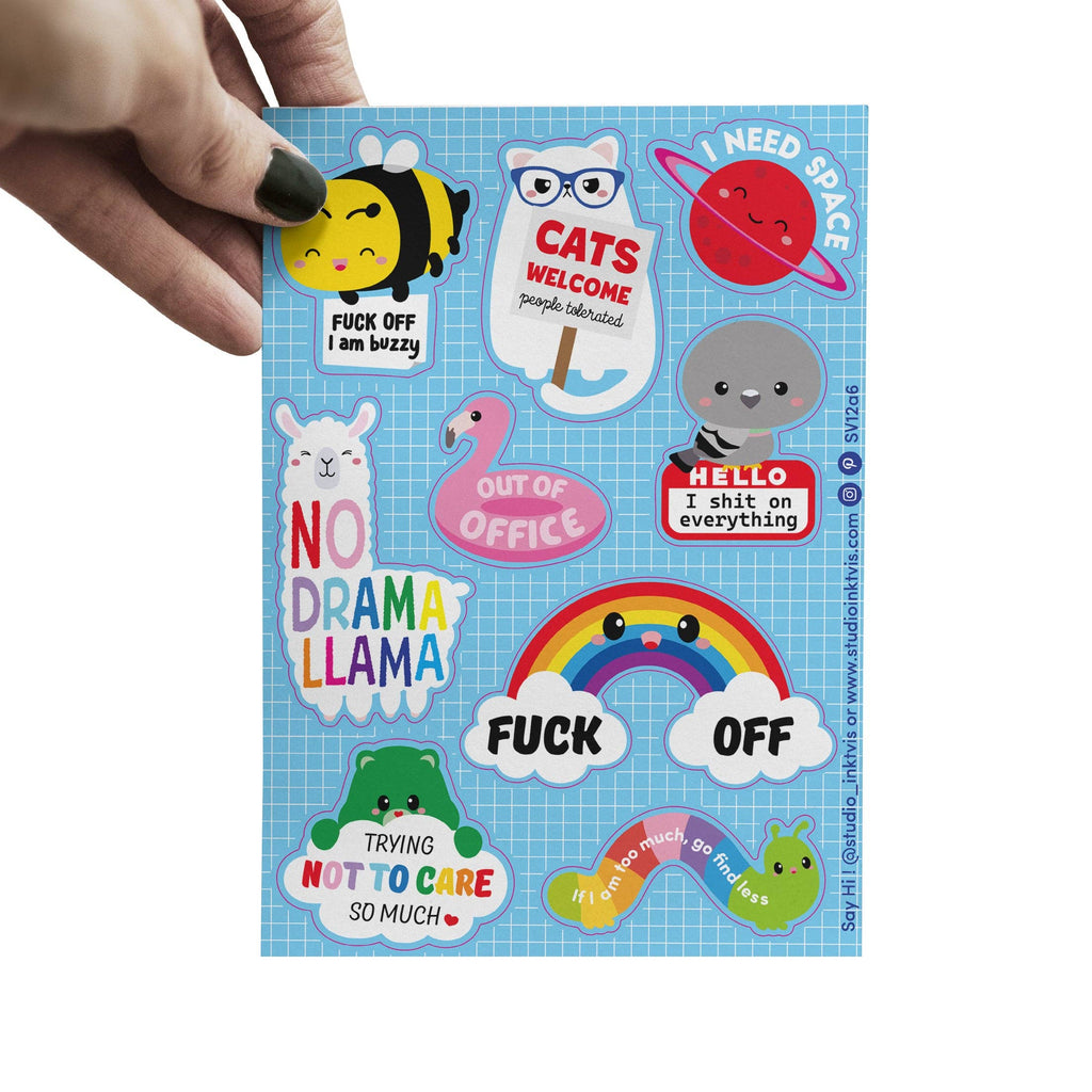 Planche d'autocollants de bienvenue du Chat-Llama mignon et impertinent « Pas de drame »