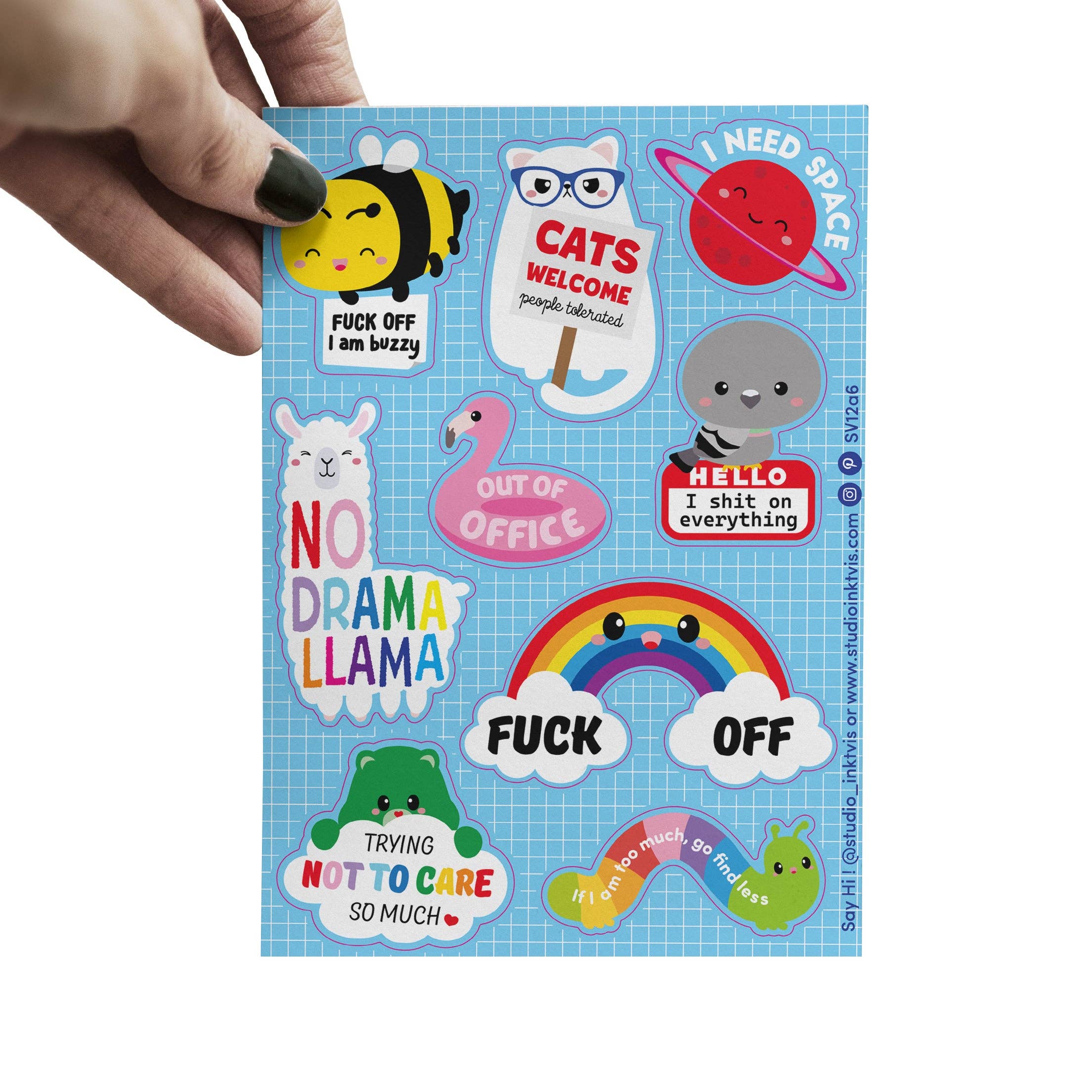 Planche d'autocollants de bienvenue du Chat-Llama mignon et impertinent « Pas de drame »