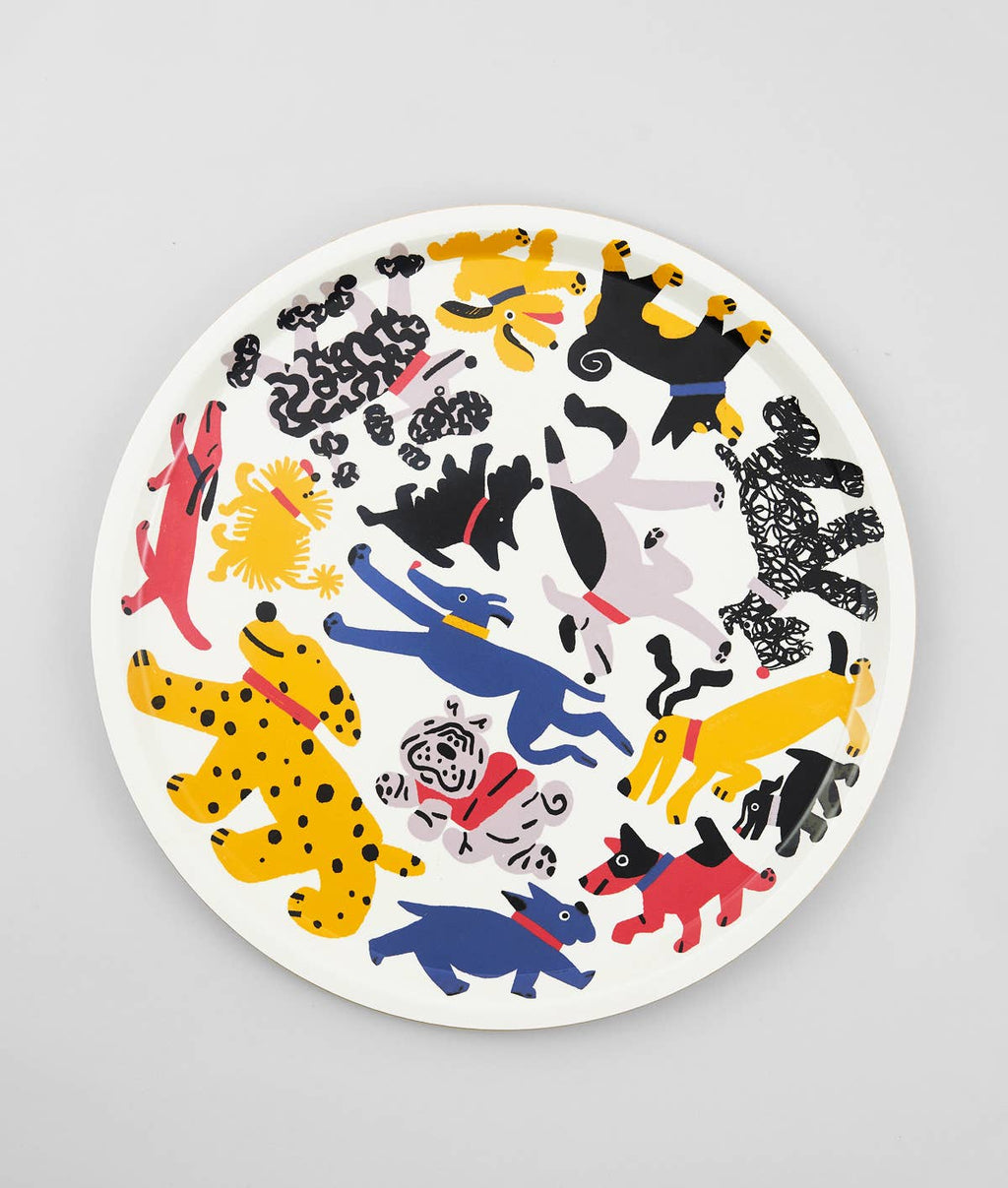 Plateau rond large 38 cm en bouleau avec chiens