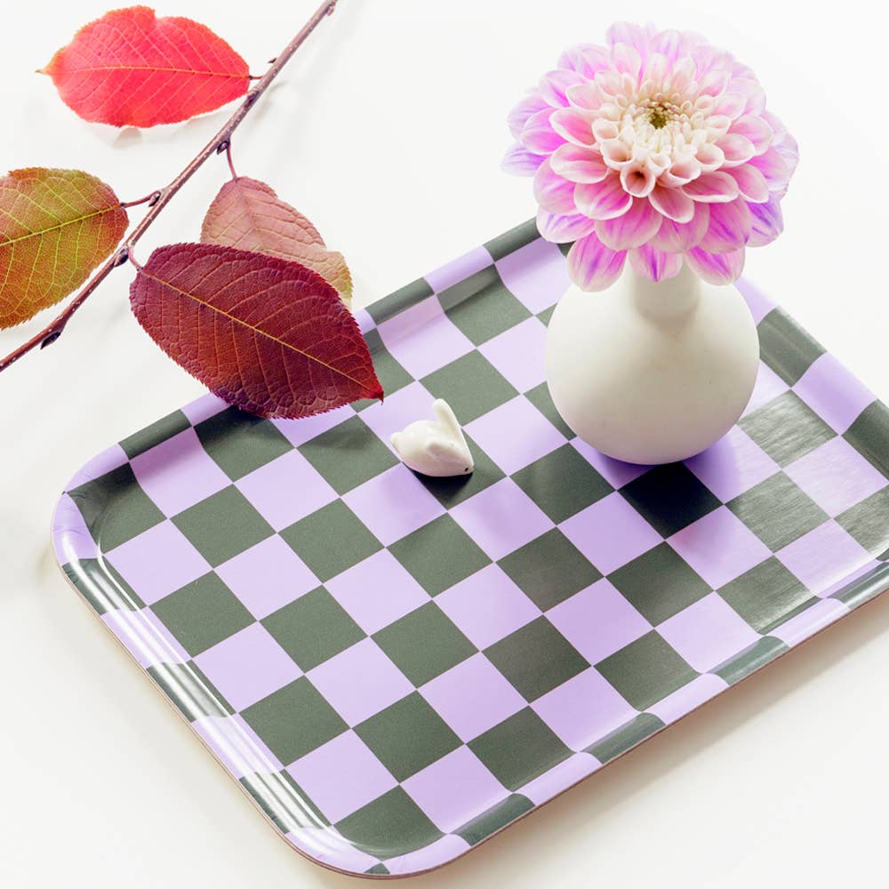 Plateau de service Lilas / Olive à carreaux - 27 x 20 cm