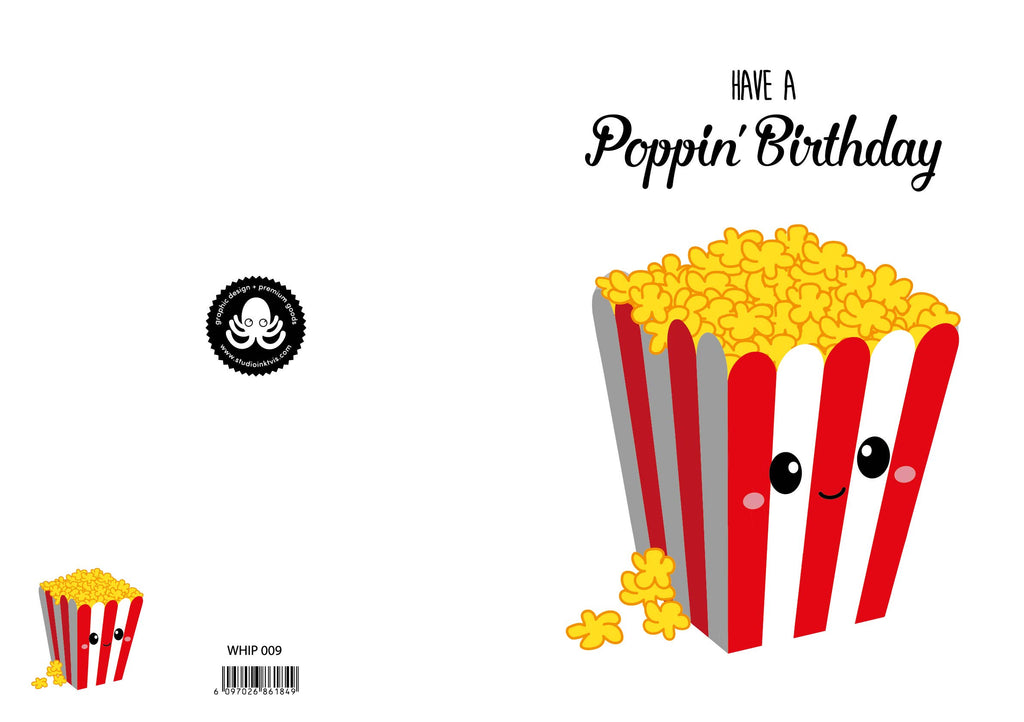 Carte d’anniversaire « Have a poppin’ birthday » avec pop-corn