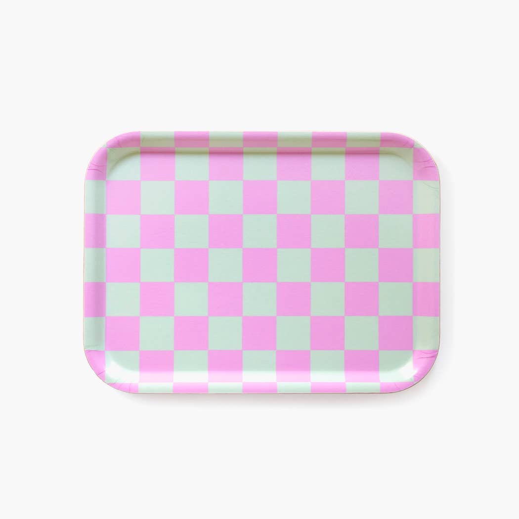 Plateau de service rectangulaire à damier menthe/pivoine - 27x20 cm