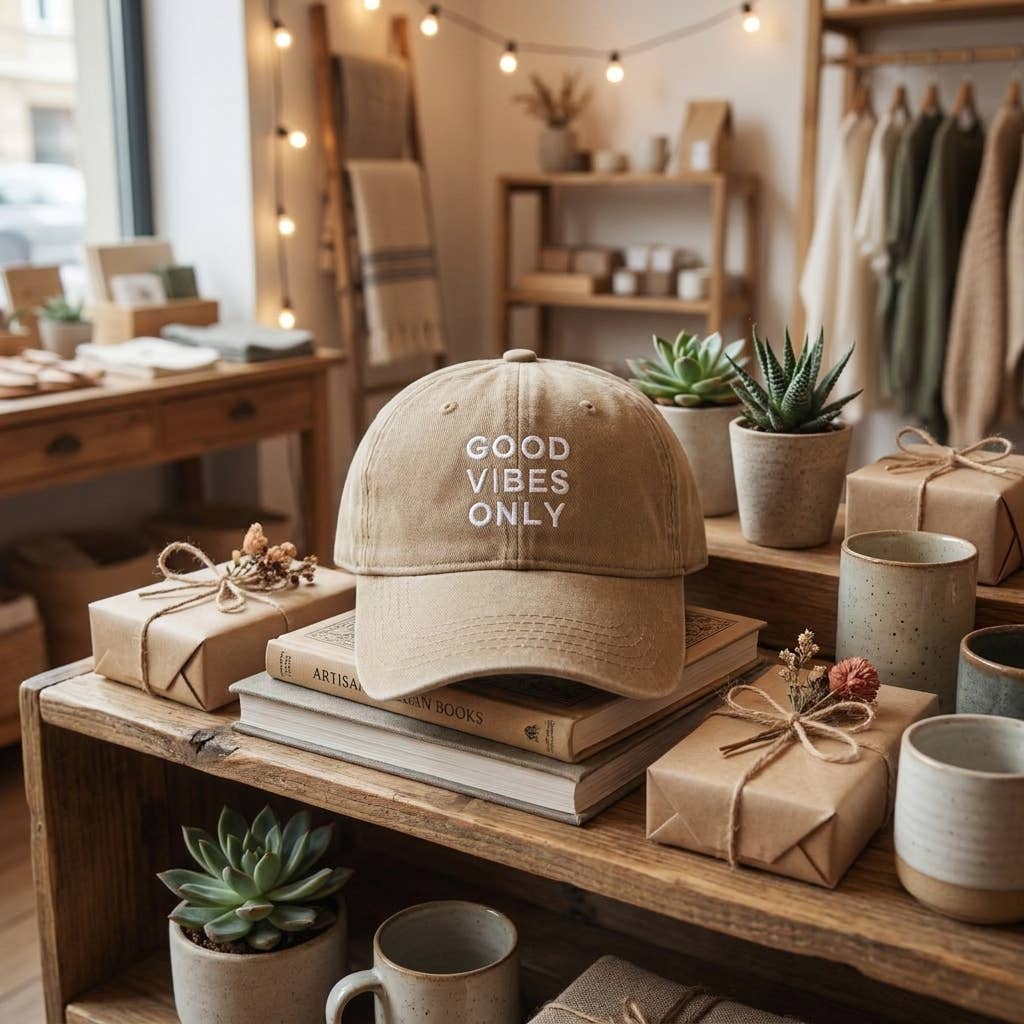 Casquette bleue brodée « Good Vibes Only » — cadeau: Beige