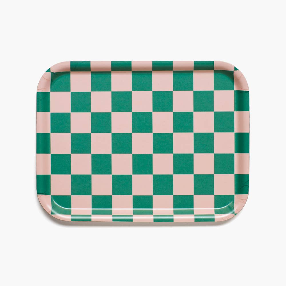Plateau de service rectangulaire à damier pêche et vert - 27 x 20 cm