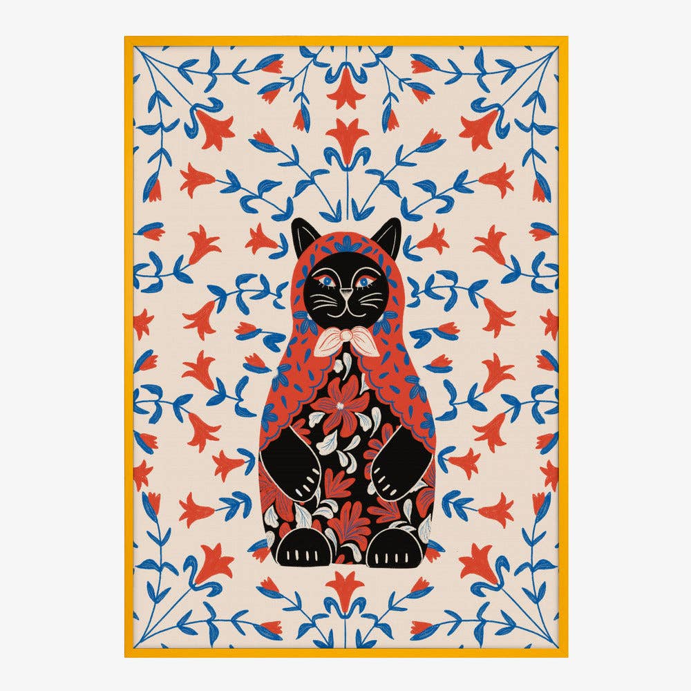 Affiche artistique — Portrait folklorique de chat en poupée russe — Décor folklorique naïf: Pas de cadre / 30 x 40 cm