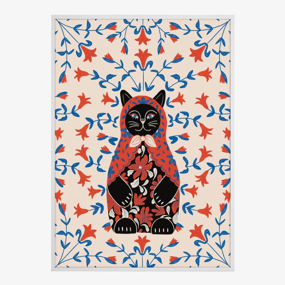 Affiche artistique — Portrait folklorique de chat en poupée russe — Décor folklorique naïf: Pas de cadre / 30 x 40 cm