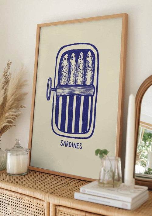 Affiche artistique « boîte de sardines bleue » — Linogravure pour la cuisine: Pas de cadre / 30x40 cm