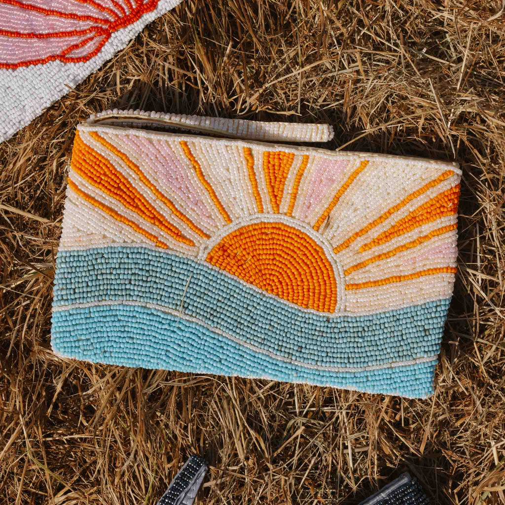 Grande pochette perlée motif lever de soleil, accessoires de plage faits main: Orange