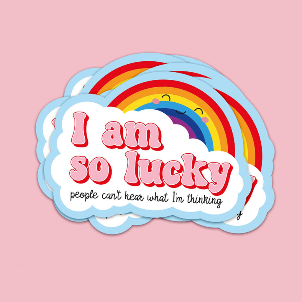 Autocollant « I am so lucky » avec arc-en-ciel et nuages