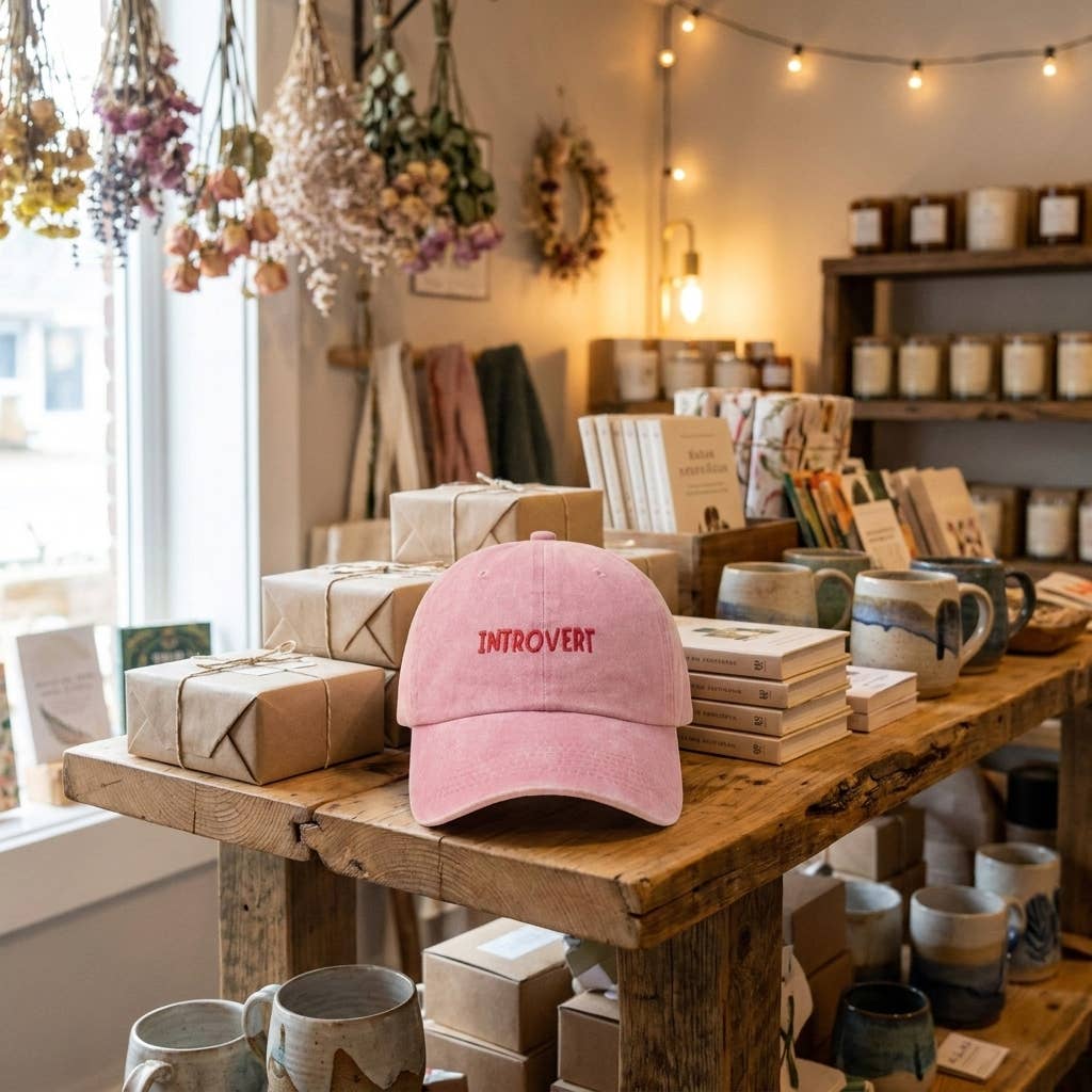 Casquette brodée rose et rouge avec slogan «Introvert» — cadeau original: Burgundy/Red