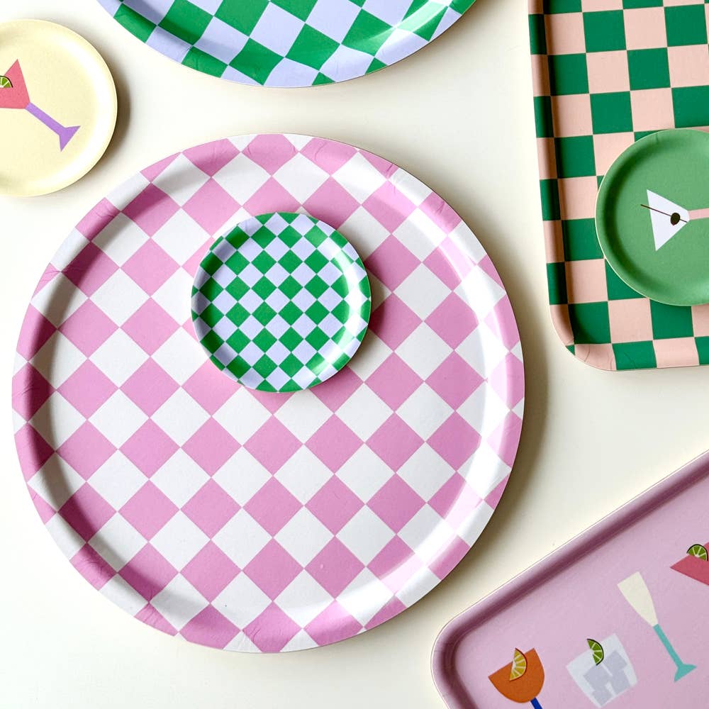 Plateau de service rond CHECKER framboise/crème - 31 cm