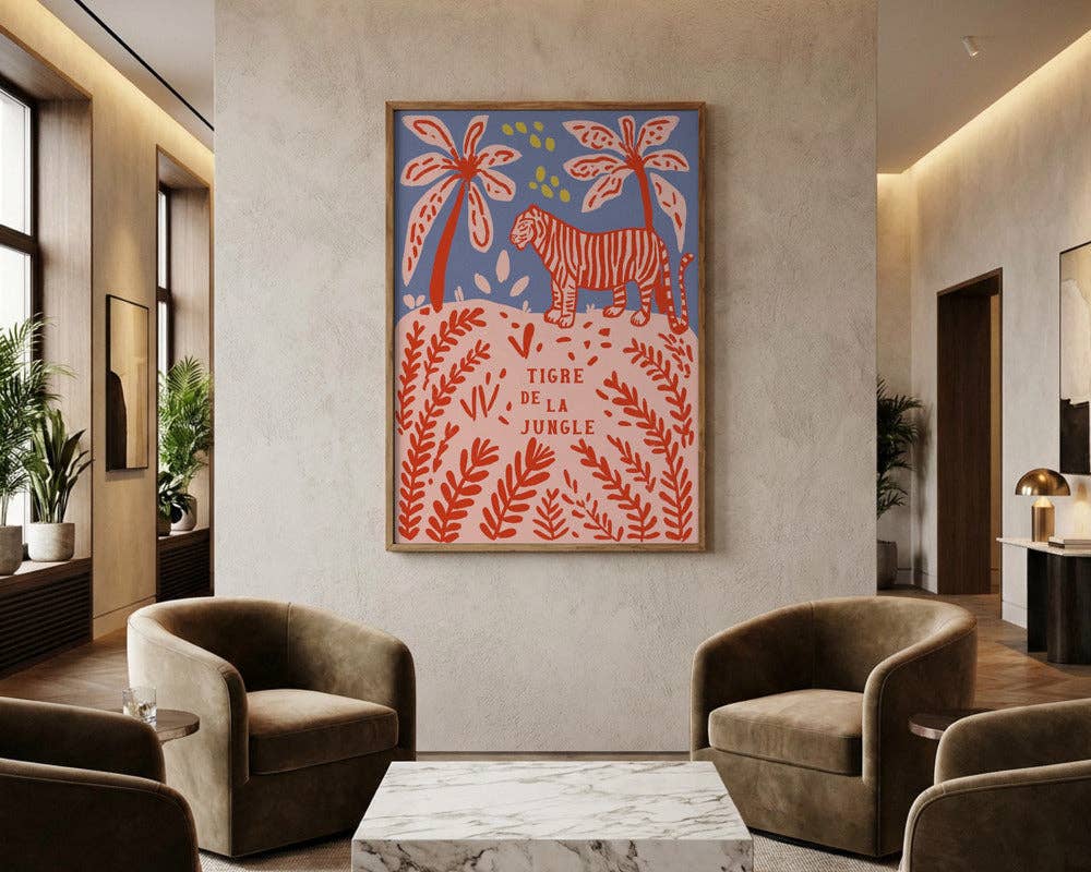 Impression d'art « Tigre rouge entre les palmiers » - Affiche folk naïve: No Frame / 30x40 cm