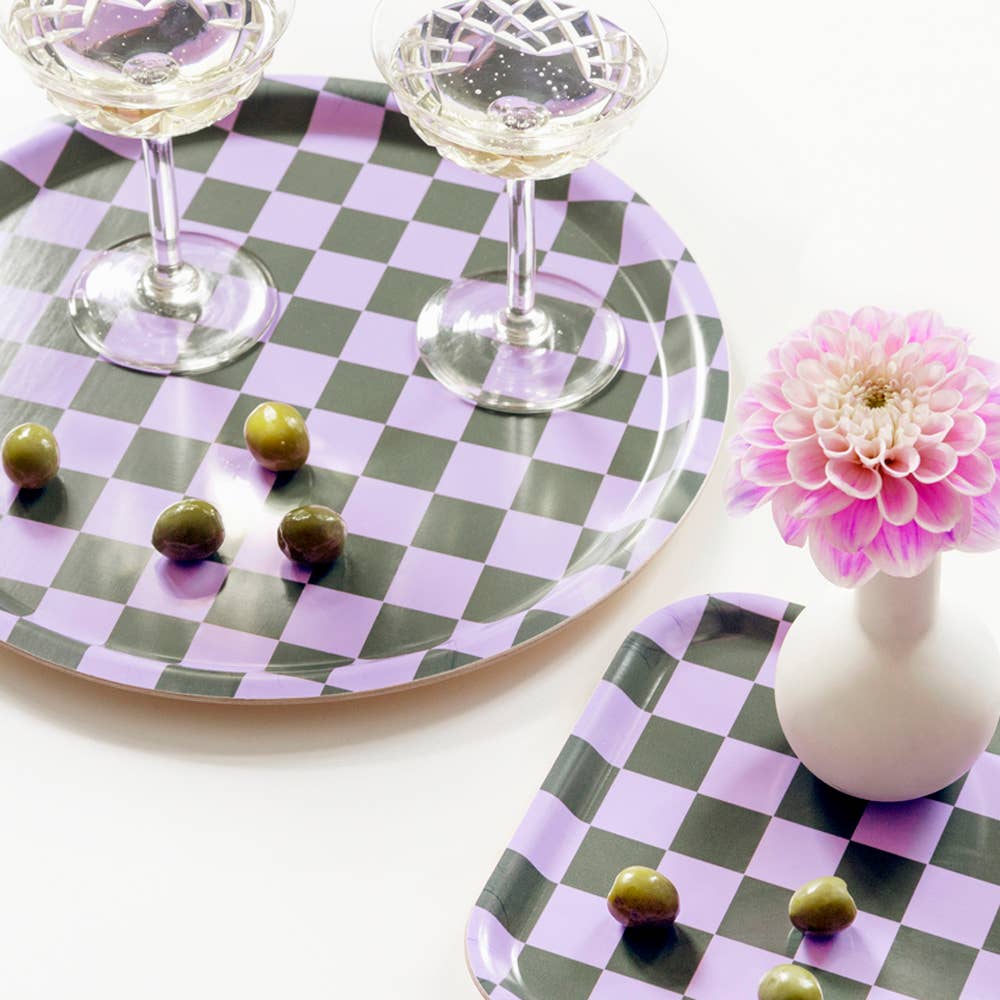 Plateau de service Lilas / Olive à carreaux - 27 x 20 cm