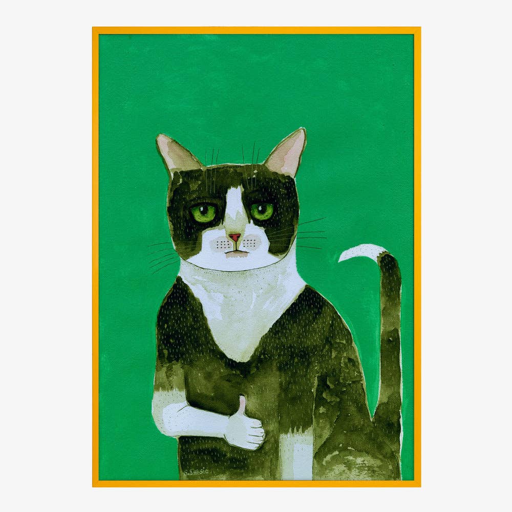 Affiche artistique — Chat en smoking, pouce levé : aquarelle fantaisiste: Pas de cadre / 30x40 cm