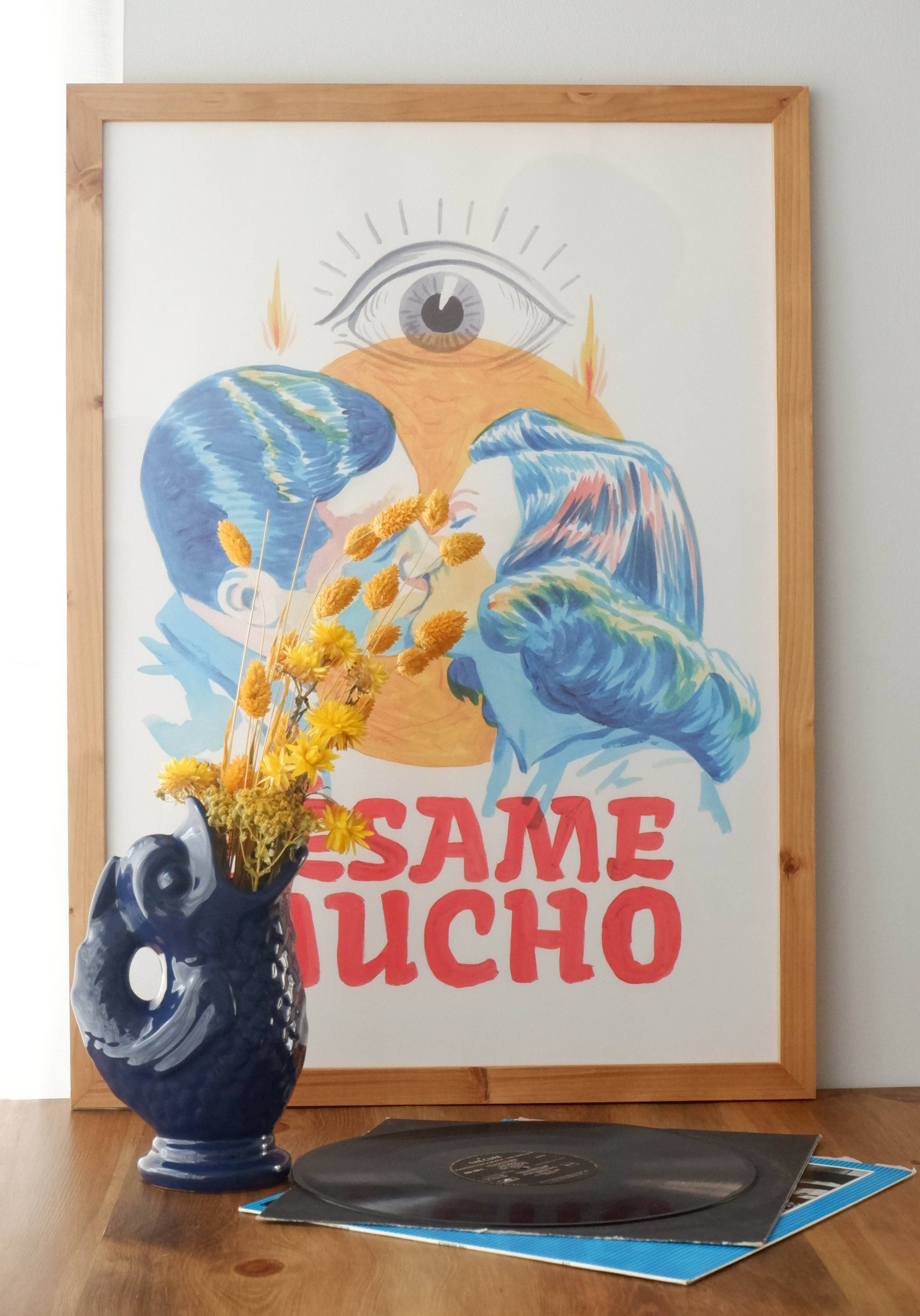 Vase grand modèle en céramique forme poisson bleu