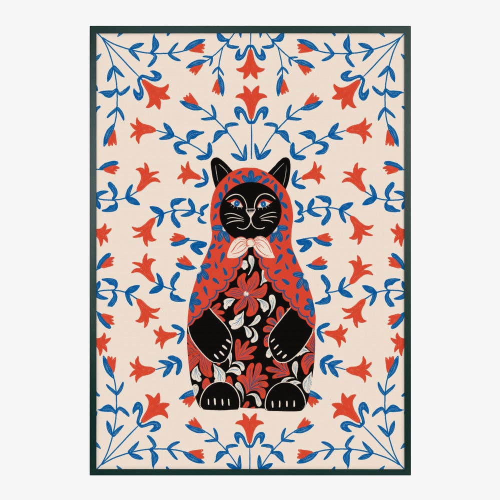 Affiche artistique — Portrait folklorique de chat en poupée russe — Décor folklorique naïf: Pas de cadre / 30 x 40 cm